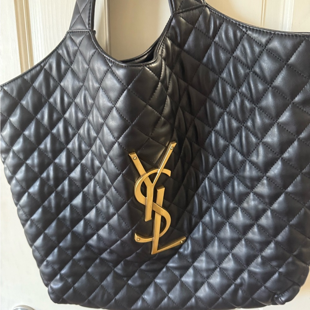 Yves Saint Laurent Black Quilted Tote with Gold YSL Emblem